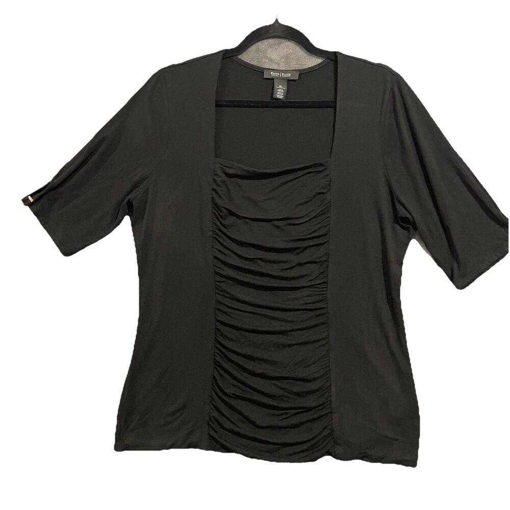 White House Black Market Womens Square Neck Ruched Front 3/4 Sleeve Top Black XL